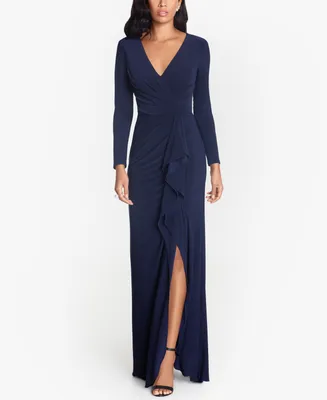 Betsy & Adam Ruffled Side-Slit Gown