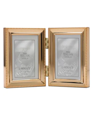 Polished Metal Hinged Double Picture Frame - Bead Border Design, 2.5" x 3.5" - Gold