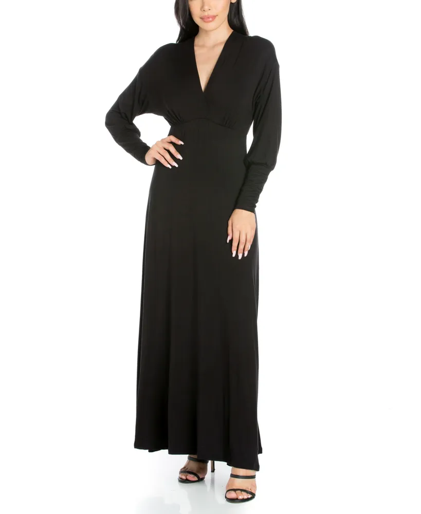 24seven Comfort Apparel Long Sleeve Side Slit Fitted Black Maxi Dress