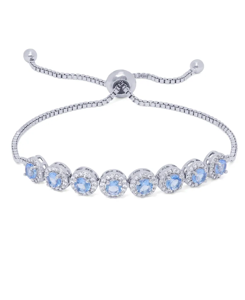 Diamond Accent Lab Tanzanite Round Halo Adjustable Silver Plate Bracelet