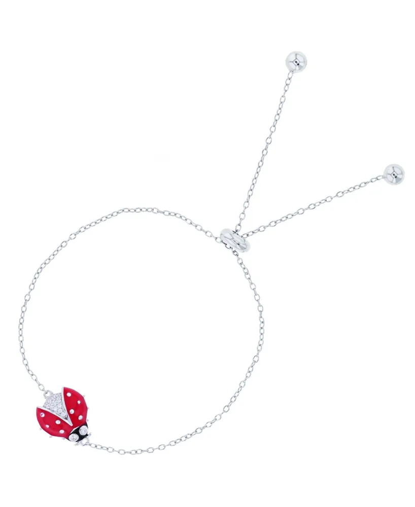 Cubic Zirconia Enamel Lady Bug Adjustable Bolo Bracelet Sterling Silver (Also 14k Gold Over Silver)