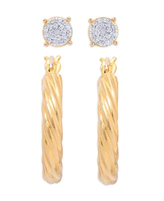 Diamond Accent Round Stud and Twist Hoop Earring Set in Gold Plate