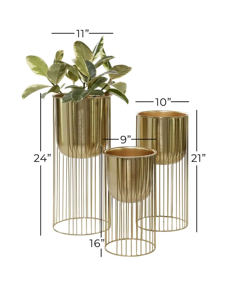 Large Eclectic Metal Planters with Stands, Set of 3 - Gold