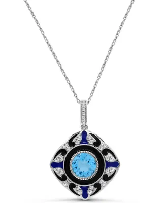 Swiss Blue Topaz (2 1/4 ct.t.w) and Enamel Pendant Necklace in Sterling Silver