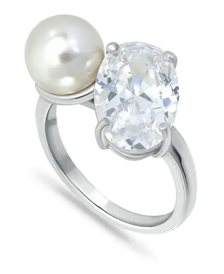 Cubic Zirconia and Imitation Pearl Stone Ring Silver Plate, Created for Macy's