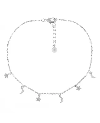 And Now This Clear Cubic Zirconia Moon & Star Anklet in Silver Plate