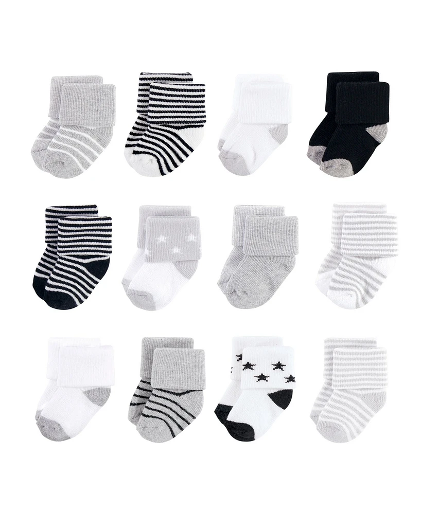 Hudson Baby Boys Unisex Cotton Rich Newborn and Terry Socks, Gray Black Stars, 6-12 Months