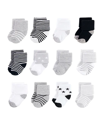 Hudson Baby Boys Unisex Cotton Rich Newborn and Terry Socks, Gray Black Stars, 6-12 Months