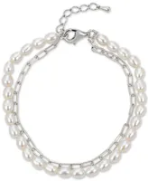 Cultured Freshwater Pearl (4-4-1/2mm) & Paperclip Chain Double Bracelet in Sterling Silver