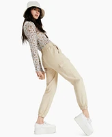 Tinseltown Juniors' High Waisted Pull On Utility Jogger Pants