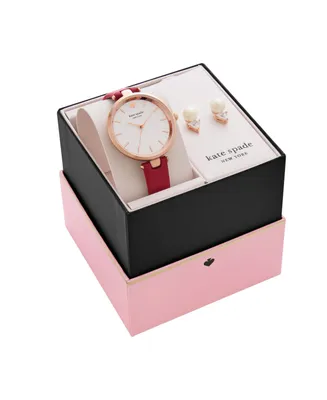 kate spade new york Women's Holland Red Leather Watch and Earring Box Set 34mm