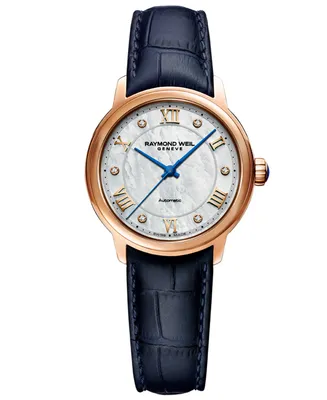 Raymond Weil Women's Swiss Automatic Maestro Diamond Accent Blue Leather Strap Watch 31mm