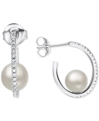 Cultured Freshwater Pearl (6mm) & White Zircon (1/4 ct. t.w.) Hoop Earrings in Sterling Silver