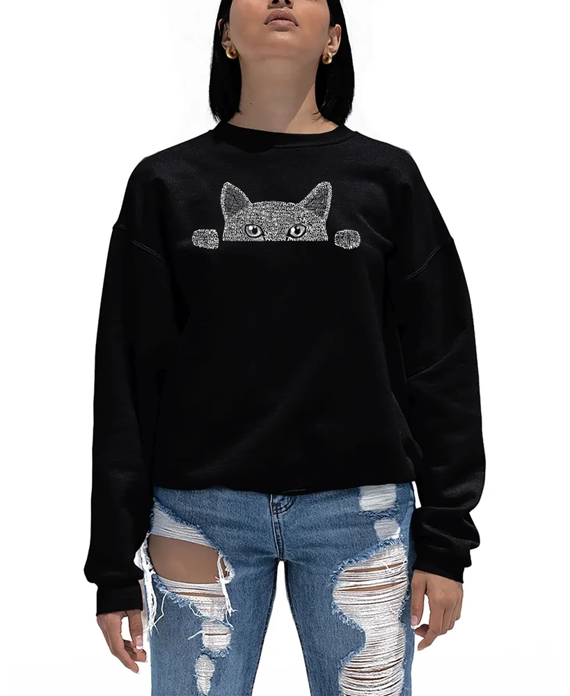 Women's Word Art Peeking Cat Crewneck Sweatshirt