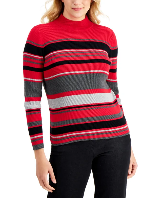 Karen Scott Blair Cotton Striped Rib Mock-Neck Sweater, Created