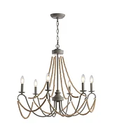 Rustica 6-Light 27" Adjustable Greige, Wood Bead Led Chandelier