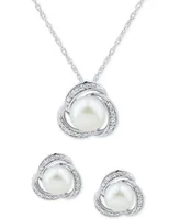 2-Pc. Set Cultured Freshwater Pearl (7-8mm) & Diamond (1/20 ct. t.w.) Love Knot Pendant Necklace & Matching Stud Earrings in Sterling Silver