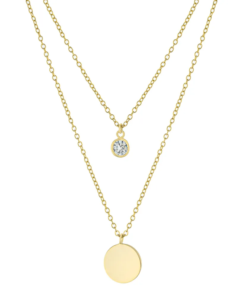 Double Layered 16" + 2" Cubic Zirconia Solitaire and 10mm Disc Chain Necklace Gold Over Sterling Silver