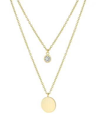 Double Layered 16" + 2" Cubic Zirconia Solitaire and 10mm Disc Chain Necklace Gold Over Sterling Silver