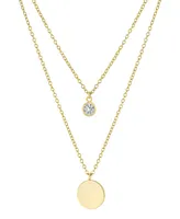 Double Layered 16" + 2" Cubic Zirconia Solitaire and 10mm Disc Chain Necklace Gold Over Sterling Silver