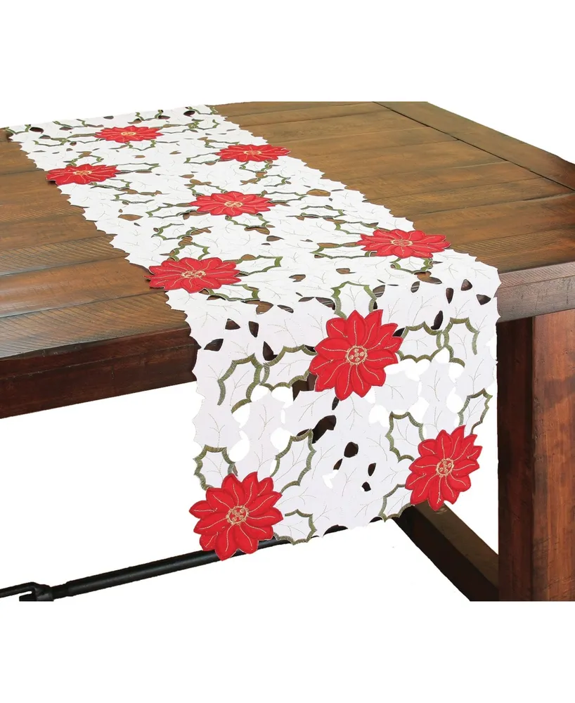 Xia Home Fashions Holiday Poinsettia Embroidered Cutwork Table Runner