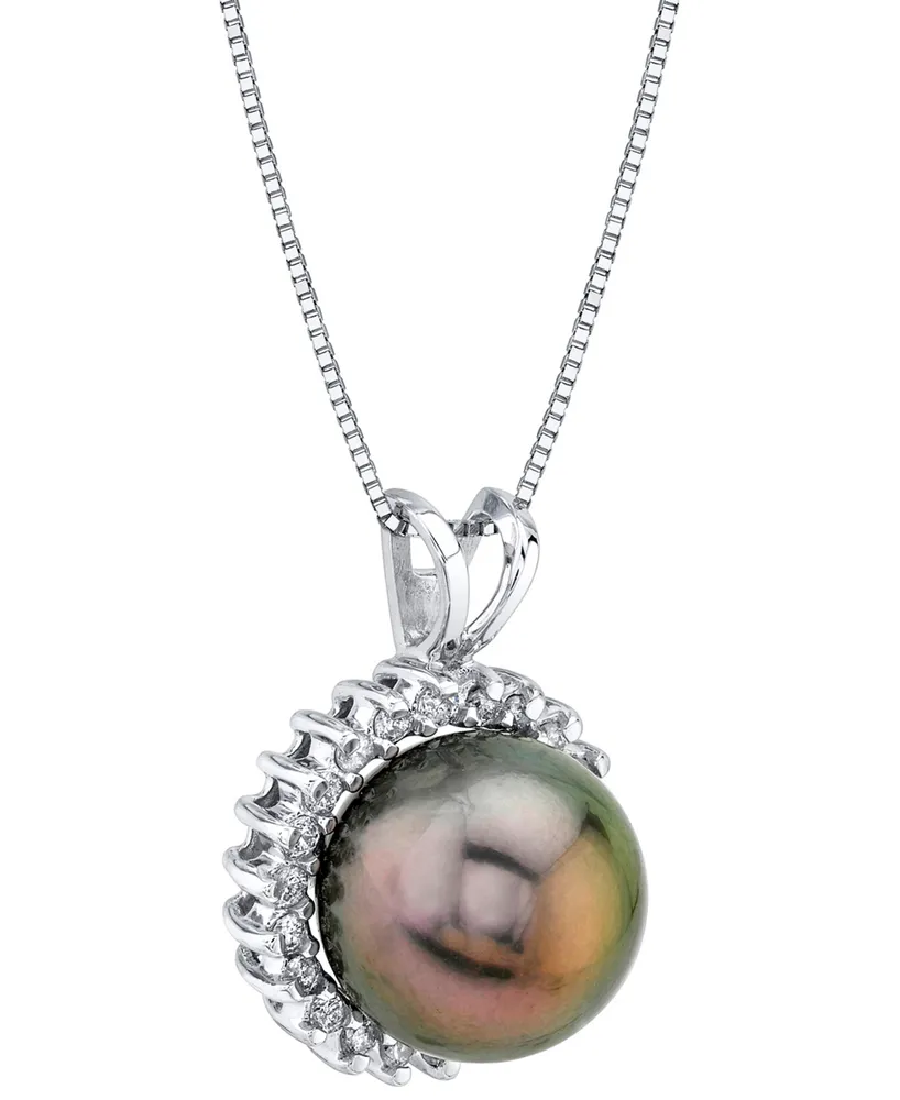 Cultured Tahitian Pearl (10mm) & Diamond (1/5 ct. t.w.) Halo 18" Pendant Necklace in 14k White Gold