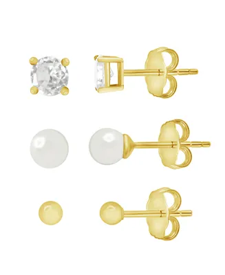 And Now This Trio Ball Stud, Round Cubic Zirconia Stud and Glass Pearl Stud Set in Silver Plate or Gold Plate