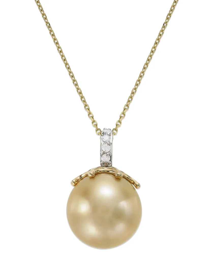 14k Gold Golden South Sea Pearl (14mm) and Diamond Accent Crown Pendant Necklace