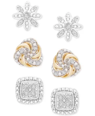 3-Pc. Diamond Stud Earrings Set (1/4 ct. t.w.) in Sterling Silver & 14k Gold-Plate - Sterling Silver  Gold
