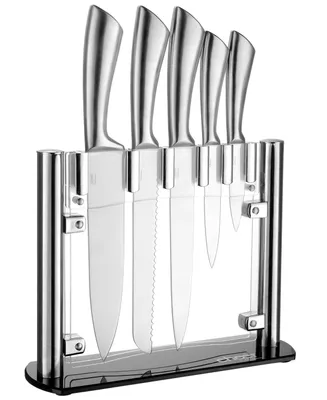Chef Knife with Acrylic Stand, Set of 6 - Silver