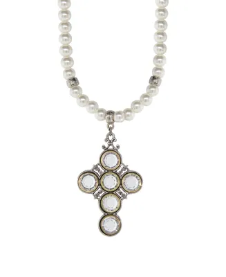 Pewter Cross Imitation Pearl Clear Crystal Necklace