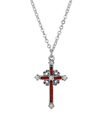 Pewter Red Hand Enamel Cross with Crystals Necklace