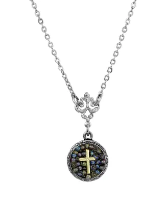 Silver-Tone Carded Multi Color Round Beaded Cross Necklace