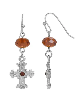 Silver-Tone Crystal Cross Drop Earrings