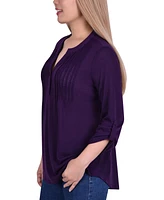 Women's 3/4 Sleeve Roll Tab Pin Tucked Front Pullover