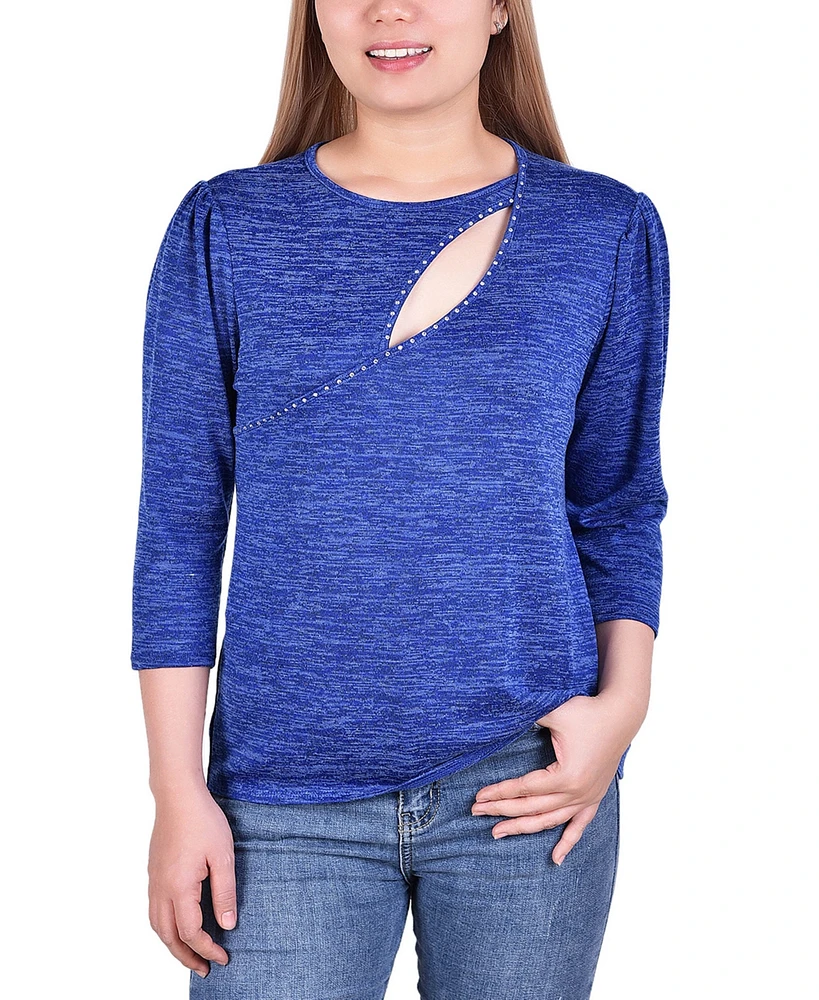 Women's 3/4 Sleeve Cutout Neck Top with Studs
