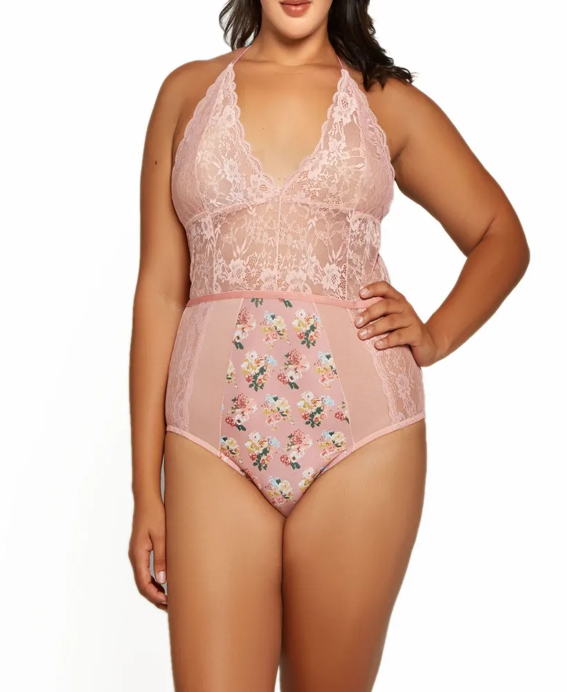 Icollection Plus Phoeny Galloon Lace and Floral Satin Lingerie