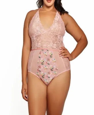 Plus Phoeny Galloon Lace and Floral Satin Lingerie Bodysuit