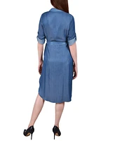 Petite 3/4 Roll Tab Sleeve Denim Dress