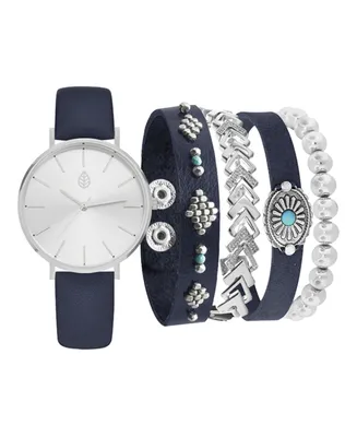 Jessica Carlyle Women's Analog Navy Strap Watch 36mm with Navy and Silver-Tone Bracelets Set - Silver