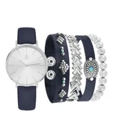 Jessica Carlyle Women's Analog Navy Strap Watch 36mm with Navy and Silver-Tone Bracelets Set - Silver