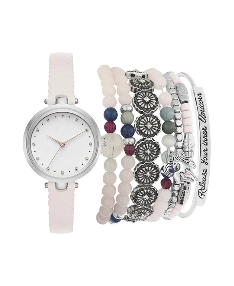 Jessica Carlyle Women's Analog Blush Strap Watch 28mm with Silver-Tone Stackable Bracelets Set