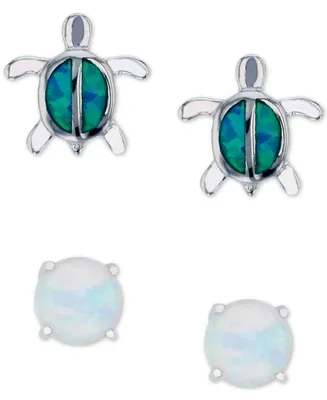 2-Pc. Set Lab-Grown Blue Opal Turtle & Lab-Grown Opal Stud Earrings (1/3 ct. t.w.) in Sterling Silver