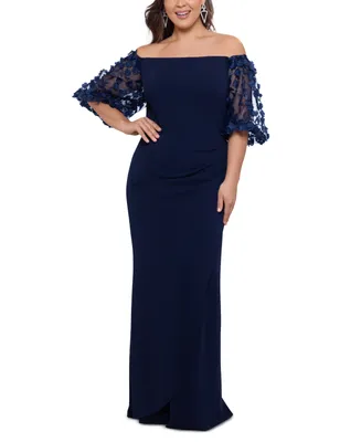 Xscape Plus Off-The-Shoulder Embellished-Sleeve Gown