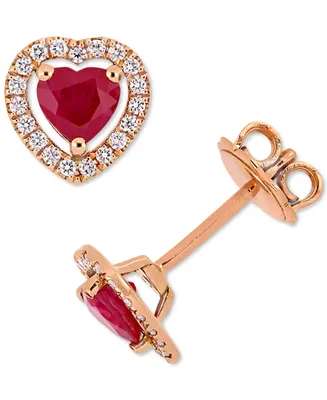 Ruby (1 ct. t.w.) & Diamond (1/5 ct. t.w.) Heart Halo Stud Earrings in 14k Rose Gold