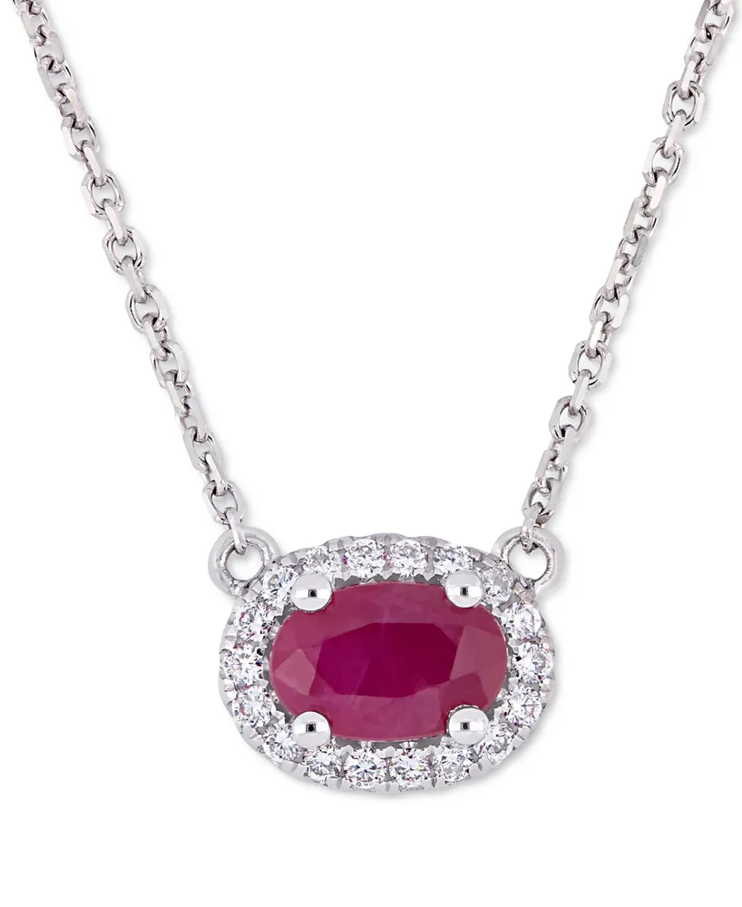 Ruby (3/5 ct. t.w.) & Diamond (1/10 ct. t.w.) Oval Halo 17" Pendant Necklace in 14k White Gold