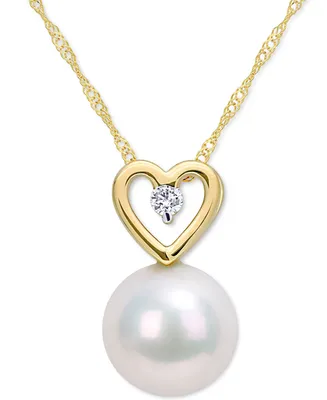 Cultured Freshwater Pearl (9-1/2mm) & Diamond (1/20 ct. t.w.) Heart 17" Pendant Necklace in 10k Gold