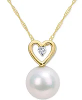 Cultured Freshwater Pearl (9-1/2mm) & Diamond (1/20 ct. t.w.) Heart 17" Pendant Necklace in 10k Gold