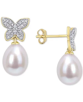 Cultured Freshwater Pearl (8-1/2mm) & Diamond (1/8 ct. t.w.) Butterfly Stud Earrings in 14k Gold