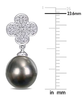 Black Cultured Tahitian Pearl (10mm) & Diamond (1/5 ct. t.w.) Flower Drop Earrings in 14k White Gold